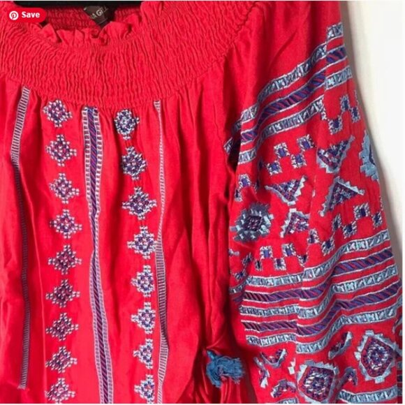 Anthropologie Off Shoulder Embroidered Boho Dress Small Red Cotton Summer Tassel - Picture 6 of 10